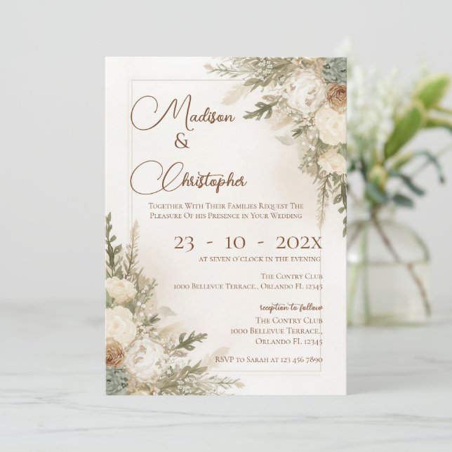 convite de casamento floral boho (Em pé/Frente)