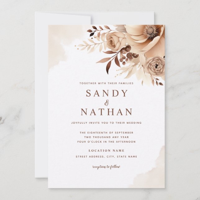 Convite de Casamento Floral Boho Bege (Frente)