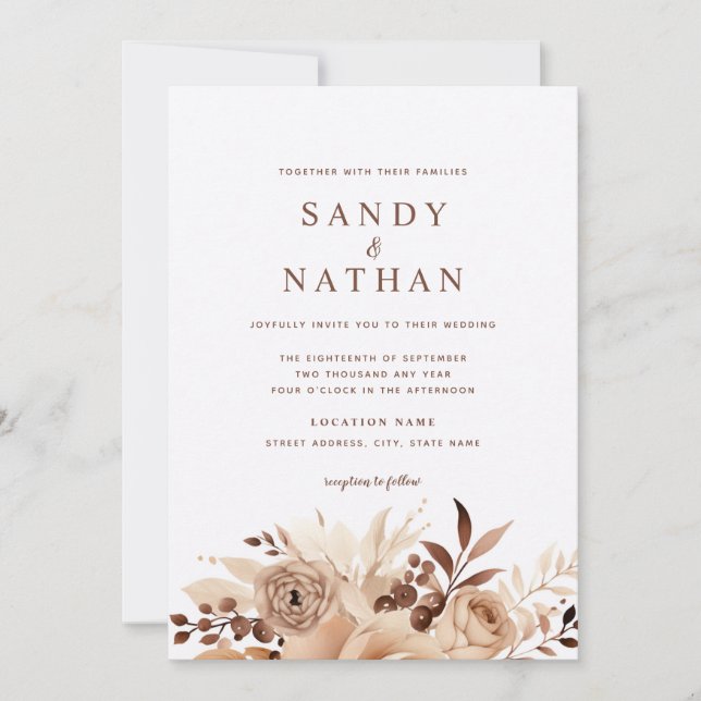 Convite de Casamento Floral Boho Bege Elegante (Frente)
