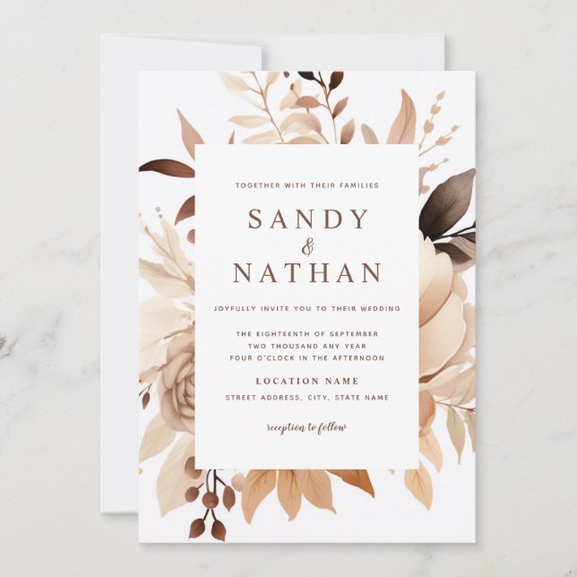 Convite de Casamento Floral Boho Bege Moderno (Frente)