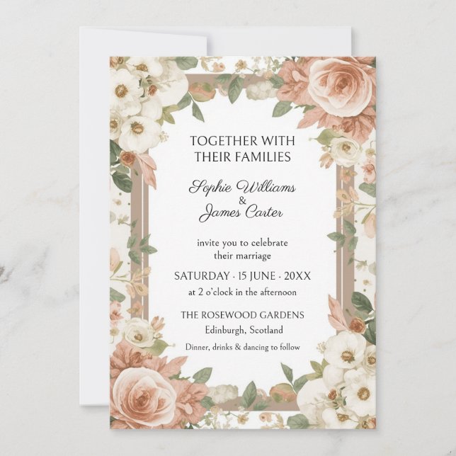 Convite de Casamento Floral Boho Bege Rosa (Frente)