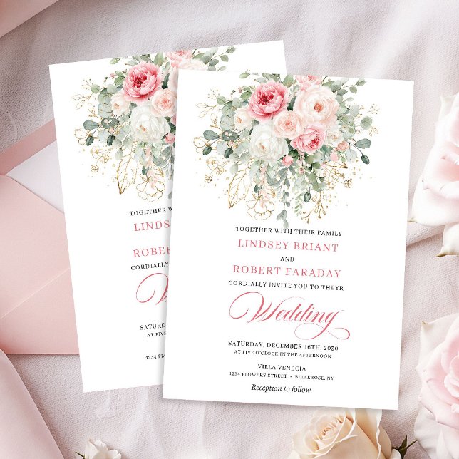 Convite de Casamento Floral Boho Blush Roses Doura (Boho Blush Roses Gold Floral Wedding Invitation)