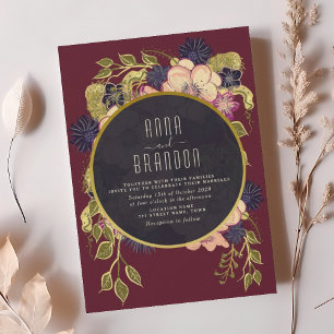 Convite de Casamento Floral Boho Borgonha Azul-Mar