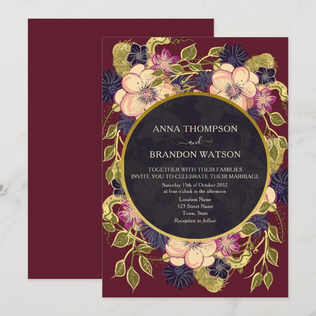 Convite de Casamento Floral Boho Borgonha Azul Nav (Frente/Verso)