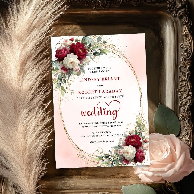Convite de Casamento Floral Boho Borgonha Luxo Dou (Luxury Burgundy Boho Floral Wedding Gold Invitation)