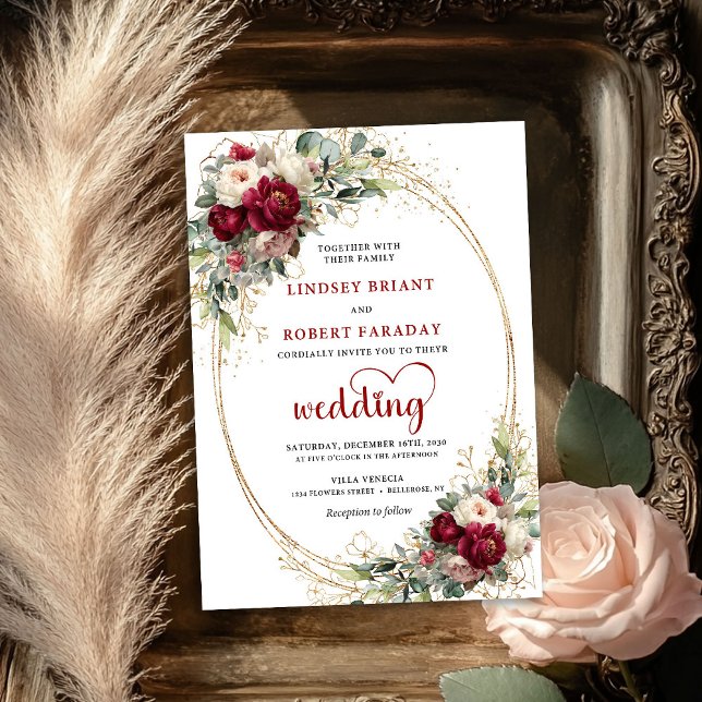 Convite de Casamento Floral Boho Borgonha Moderno (Modern Burgundy Boho Floral Wedding Invitation)