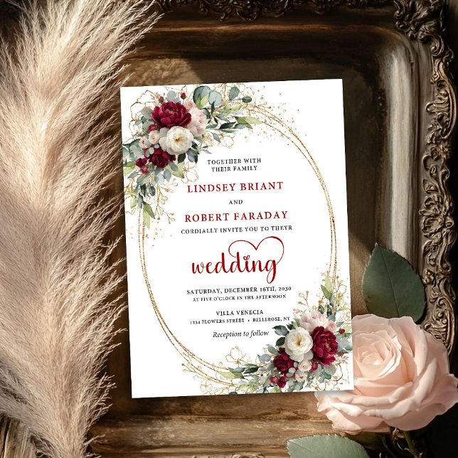 Convite de Casamento Floral Boho Burgundy Chic em  (Chic Burgundy Boho Floral Gold Wedding Invitation)