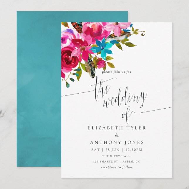 Convite de Casamento Floral Boho Chic Aquarela Ros (Frente/Verso)