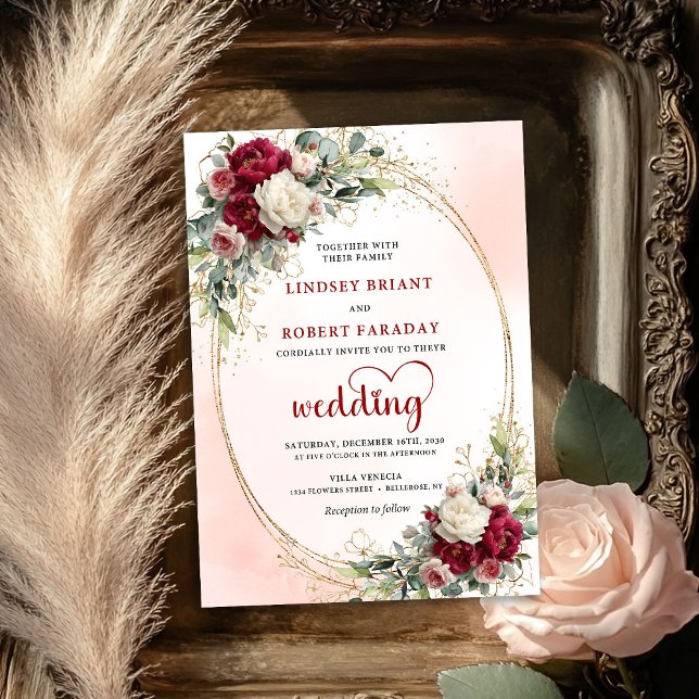 Convite de Casamento Floral Boho Chic Burgundy da  (Trendy Burgundy Boho Chic Floral Wedding Invite)