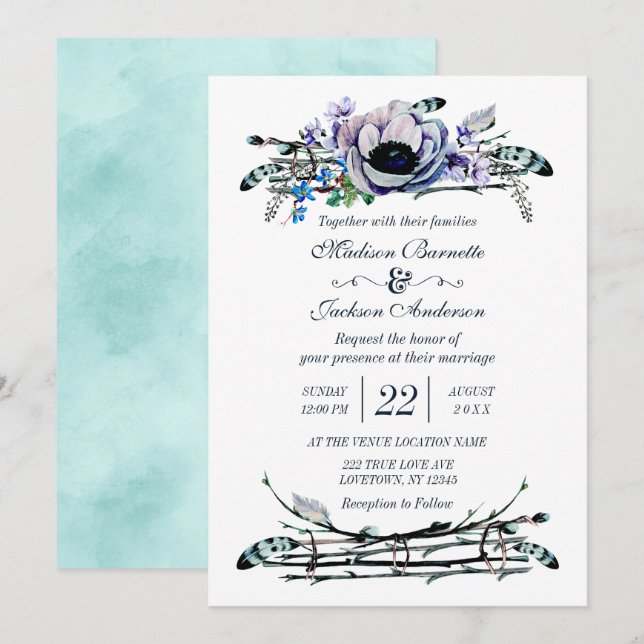 Convite de Casamento Floral Boho Chic Verde-Menta  (Frente/Verso)