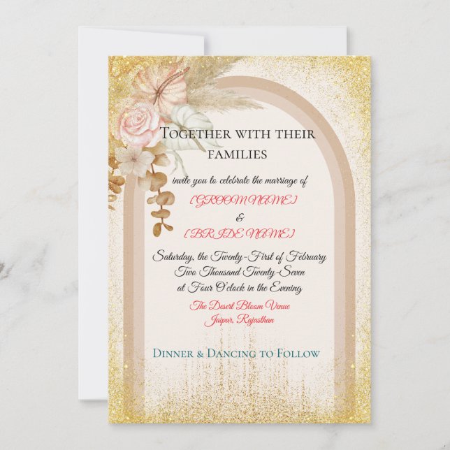 Convite de Casamento Floral Boho com Faíscas Doura (Frente)