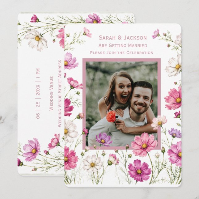 Convite de Casamento Floral Boho com Foto Personal (Frente/Verso)