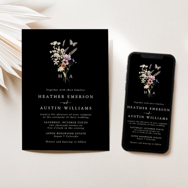 Convite de Casamento Floral Boho com Monograma Pre (Black Boho Floral Monogram Boho Floral Wedding Invitation by Painted Paperie
)