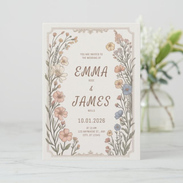 Convite de Casamento Floral Boho Elegante (Em pé/Frente)