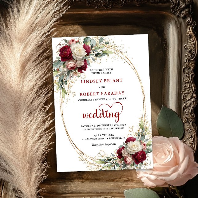 Convite de Casamento Floral Boho em Aquarela Burgu (Burgundy Watercolor Boho Floral Wedding Invitation)