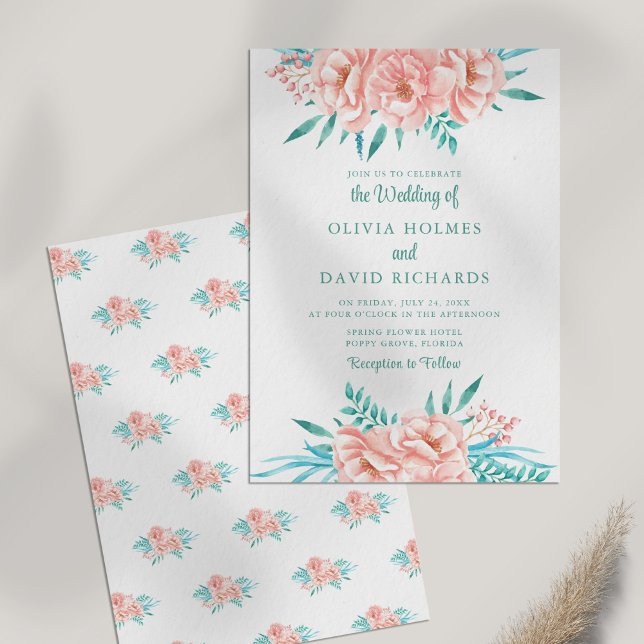 Convite de Casamento Floral Boho em Tons de Pêsseg (Boho Peach and Turquoise Floral Wedding Invitation on white table.)