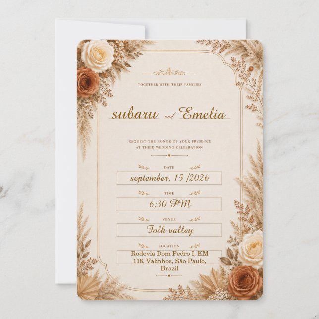 Convite de Casamento Floral Boho Neutro Rústico (Frente)
