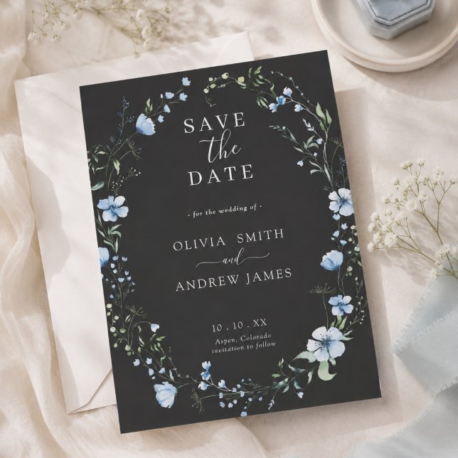 Convite de Casamento Floral Boho Preto | Azul Somb (Criador carregado)