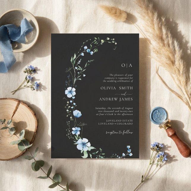 Convite de Casamento Floral Boho Preto | Azul Somb (Criador carregado)