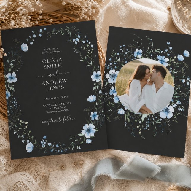 Convite de Casamento Floral Boho Preto | Azul Somb (Criador carregado)