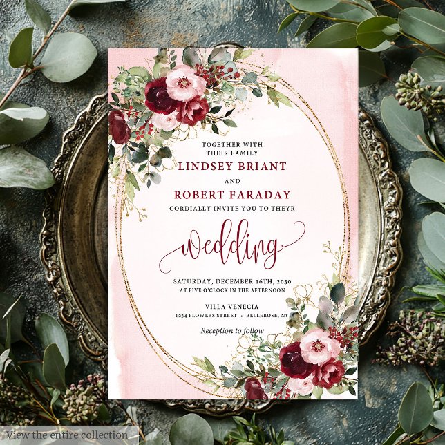 Convite de Casamento Floral Boho Romântico Marsala (Romantic Boho Marsala Gold Floral Wedding Invite)