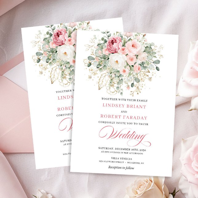Convite de Casamento Floral Boho Rosa Bege Elegant (Elegant Blush Rose Boho Floral Wedding Invitation)