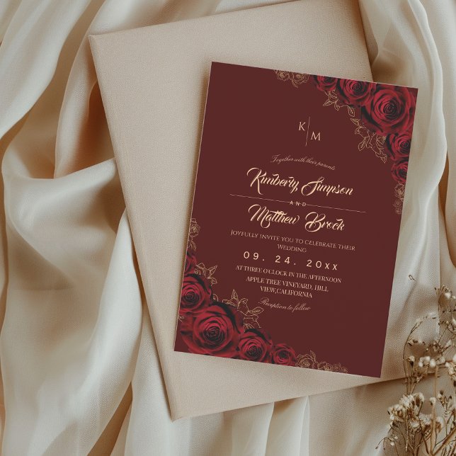 Convite de Casamento Floral Boho Rosa Burgundy e D (Criador carregado)