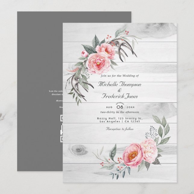 Convite de Casamento Floral Boho Rosa Rústico com  (Frente/Verso)