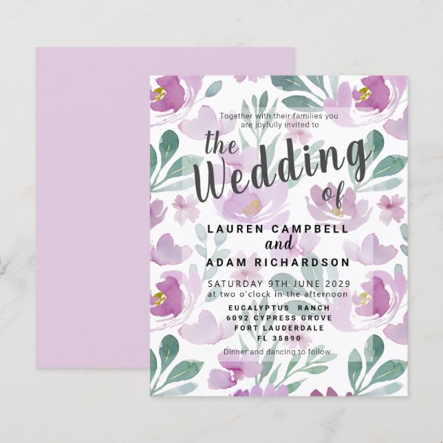 Convite de Casamento Floral Boho Roxo Econômico (Frente/Verso)