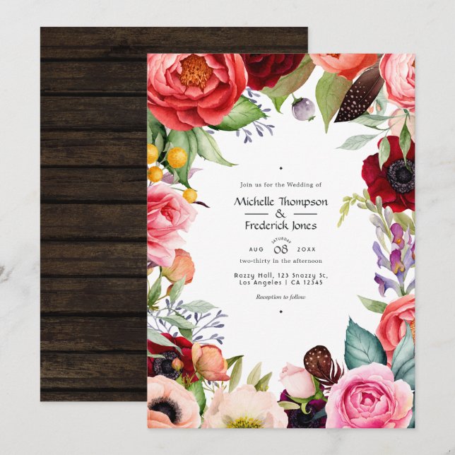 Convite de Casamento Floral Boho Rústico Boêmio (Frente/Verso)