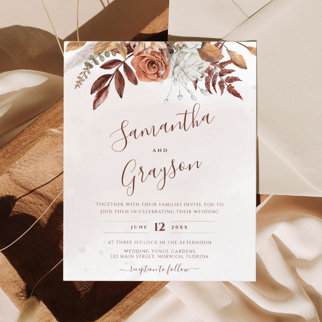Convite de Casamento Floral Boho Rústico Neutro Or (Criador carregado)