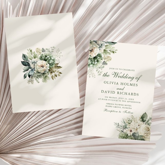 Convite de Casamento Floral Boho Sage Verde e Marf (Boho Sage Green and Ivory Floral Wedding Invitation on a sunny white dry palm leaf.)