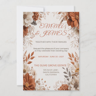 Convite de Casamento Floral Boho Terracota & Creme