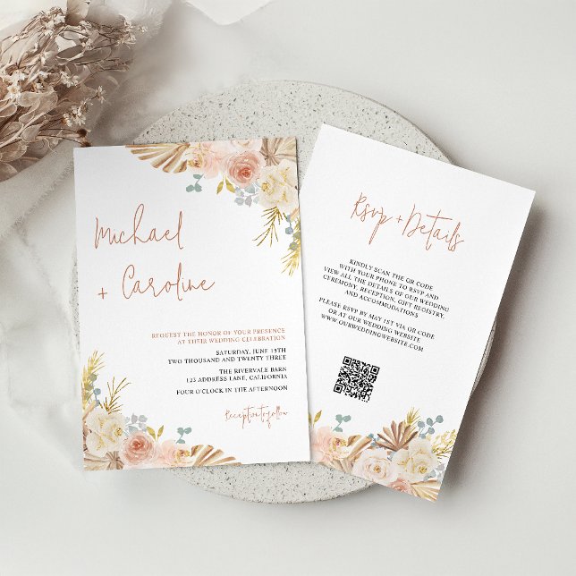Convite de Casamento Floral Boho Terracotta Pampas (Criador carregado)