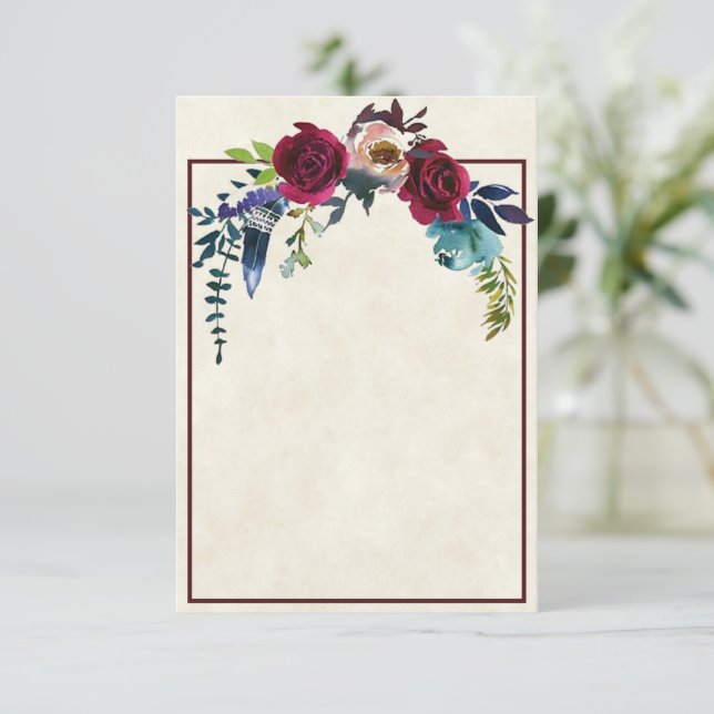 Convite de casamento floral boho vermelho orçament (Em pé/Frente)