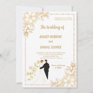 Convite de casamento floral Border dourado e branc