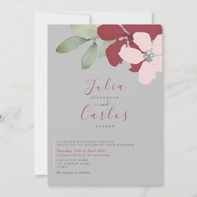 Convite de Casamento Floral Bordô Minimalista (Frente)