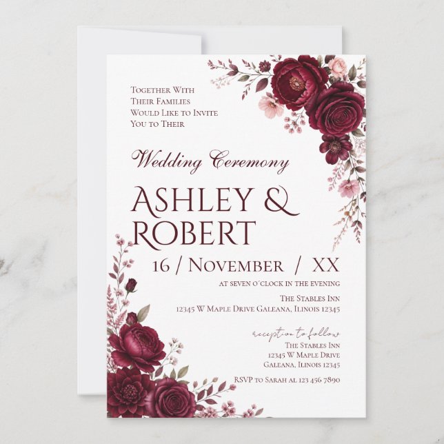 Convite de Casamento Floral Borgonha (Frente)