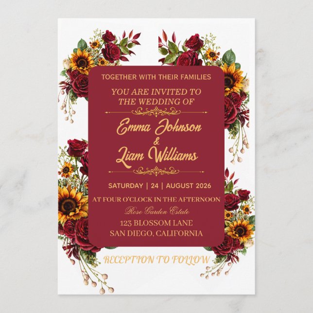 Convite de Casamento Floral Borgonha (Frente)