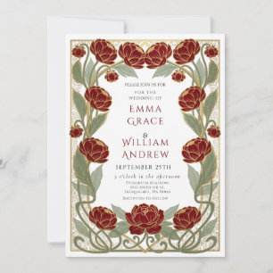 Convite de Casamento Floral Borgonha Art Nouveau