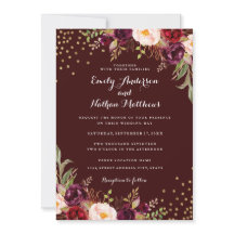 Convite de Casamento Floral Borgonha com Confete D