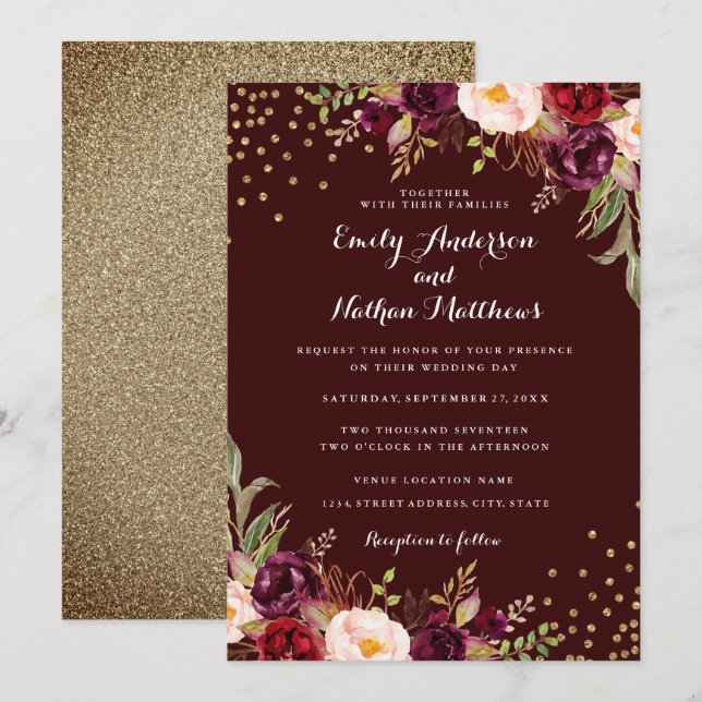 Convite de Casamento Floral Borgonha com Confete D (Frente/Verso)