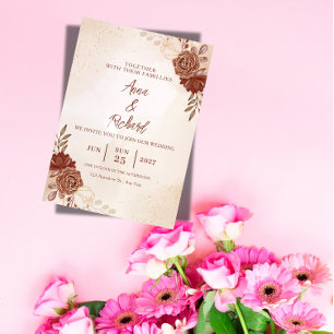 Convite de Casamento Floral Borgonha e Dourado