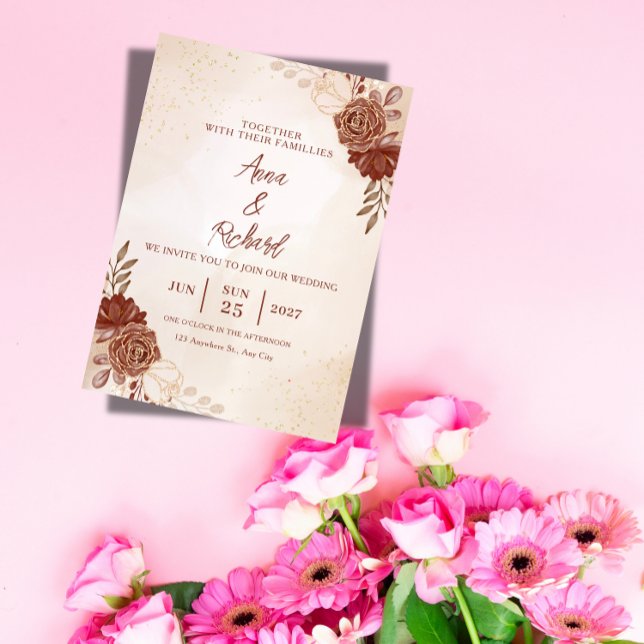 Convite de Casamento Floral Borgonha e Dourado (Criador carregado)