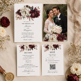 Convite de Casamento Floral Borgonha e Marfim