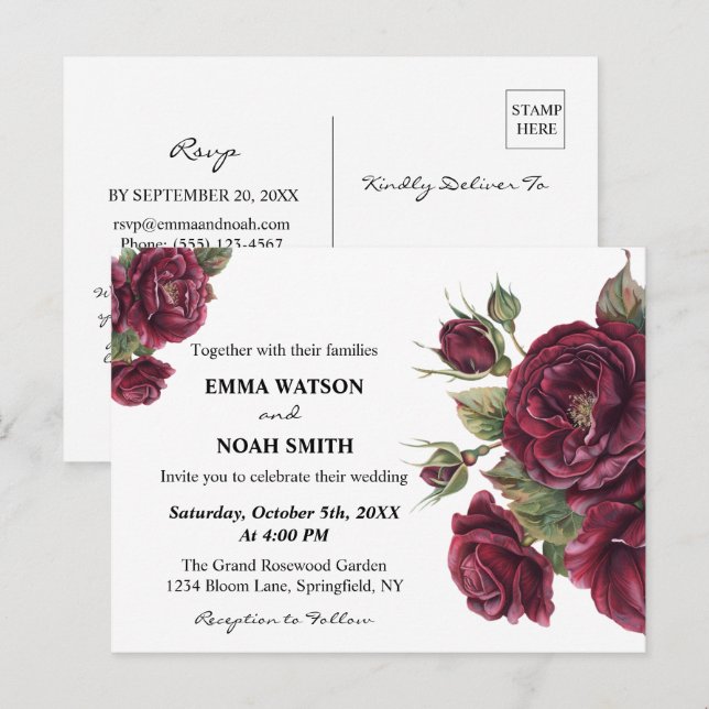 Convite de Casamento Floral Borgonha Econômico (Frente/Verso)