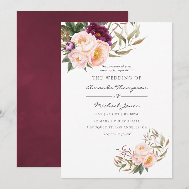 Convite de Casamento Floral Borgonha - Marsala e P (Frente/Verso)