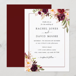 Convite de Casamento Floral Borgonha Moderno