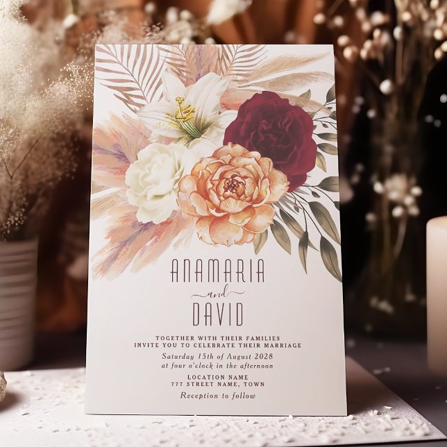 Convite de Casamento Floral Borgonha Pêssego (Criador carregado)