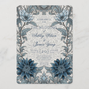 Convite de Casamento Floral Botânico Azul Prata